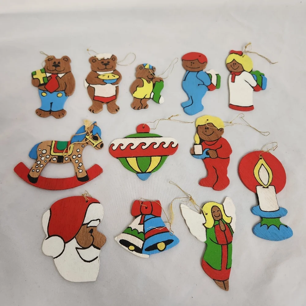 12 Flat Wooden Christmas Ornaments Vtg Bears Kids